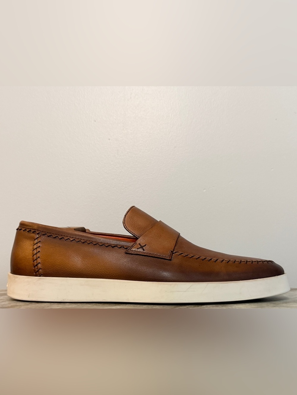 SANTONI BROWN / TAN Loafers UK 10.5 / US 11.5 Moccasin Slippers Rubber Sole $950 - Picture 2 of 12
